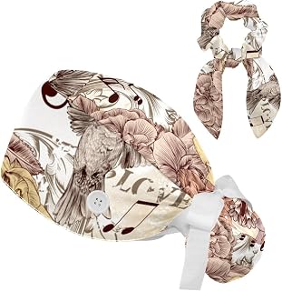 FVQL 2 Pieces Surgical Cap for Long Hair Scrub Cap with Hairband Nurse Cap, Music Note Flower Rose and Hummingbird