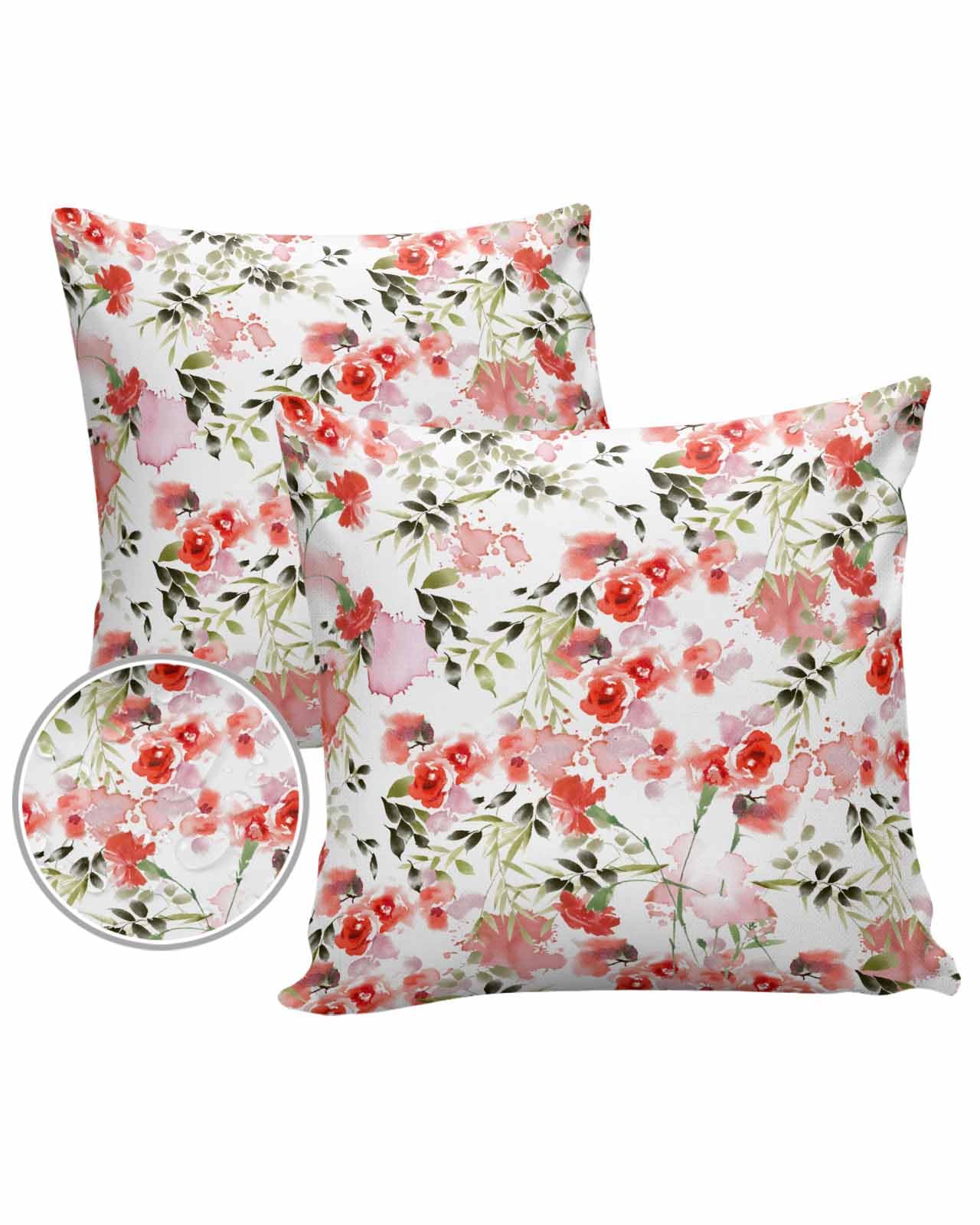 Watercolor Flower Outdoor Pillow Cover 18x18 Inch Cushion Sham Case, Waterproof Decorative Square Throw Pillowcase for Outside Garden Patio Porch Couch Chair Tent Red Rose Green Botanical Leaves
