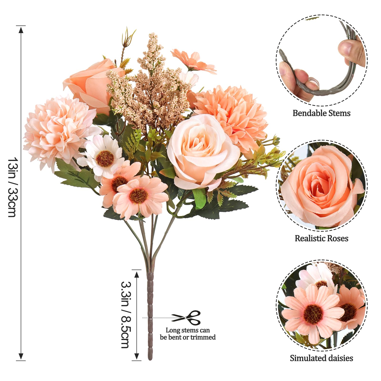 MEIVINES Artificial Flowers Artificial Rose Silk Flowers 2 Bunches Faux Rose Daisy Flower Bouquet for Wedding Party Table Centerpieces Floral Arrangement Home Kitchen Decor (Champagne - Image 3