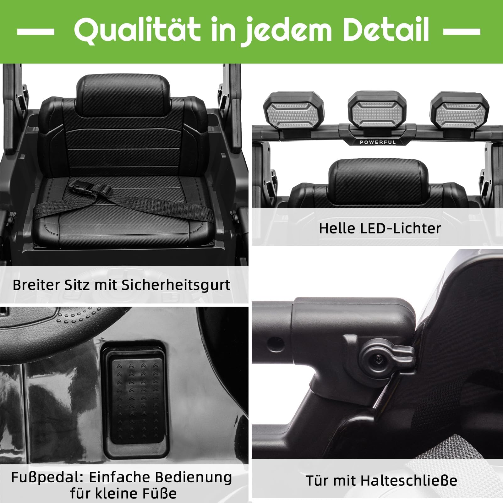 GarveeTech Sicheres Kinder Elektroauto 12V 7Ah – 3-Gang, 2,4G-Fernbedienung, LED-Lichter, Musik, Funkverbindung, Federung & Gurt – Elektrisches Kinderfahrzeug Geschenk für 1-8 Jahre – Schwarz