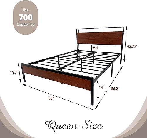 Miniatura 2 de Plataforma de metal con luces LED, marco de cama tamaño Queen con puertos USB y salidas de CA, cabecera de almacenamiento, no necesita somier, caoba