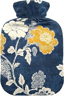 Carnation Lace Mustard Yellow and Denim Blue hot Waterbottle with Soft Cover, 2L Warm Water Bottle for Bed for Tummy Warmer