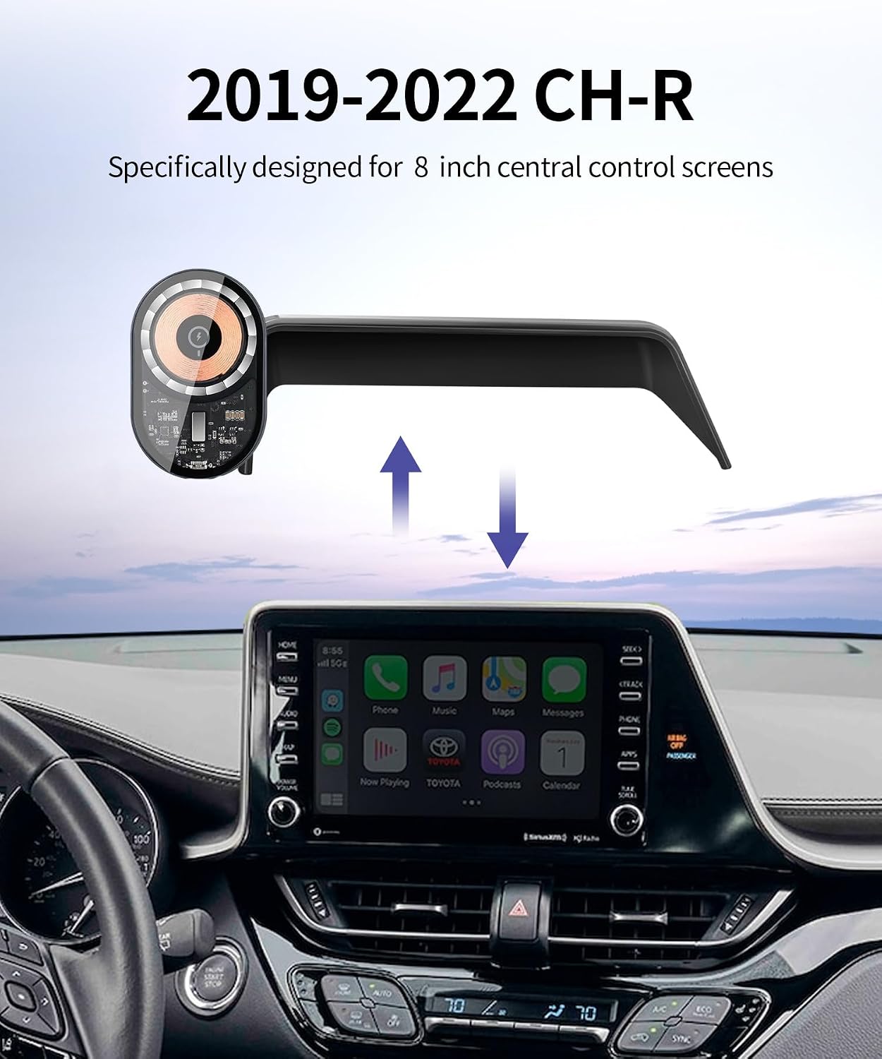 Wireless Charging Car Phone Holder for Toyota C-HR 2019-2022, 8" Screen Fixed Clip, 360° Rotation Car Phone Mount Compatible with MagSafe