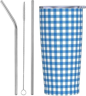 Bavarian Blue White Stainless Steel Double Wall Vacuum Insulated Travel Mug With Leak Proof Lid, Straw And Cleaning Brush, 12oz Portable