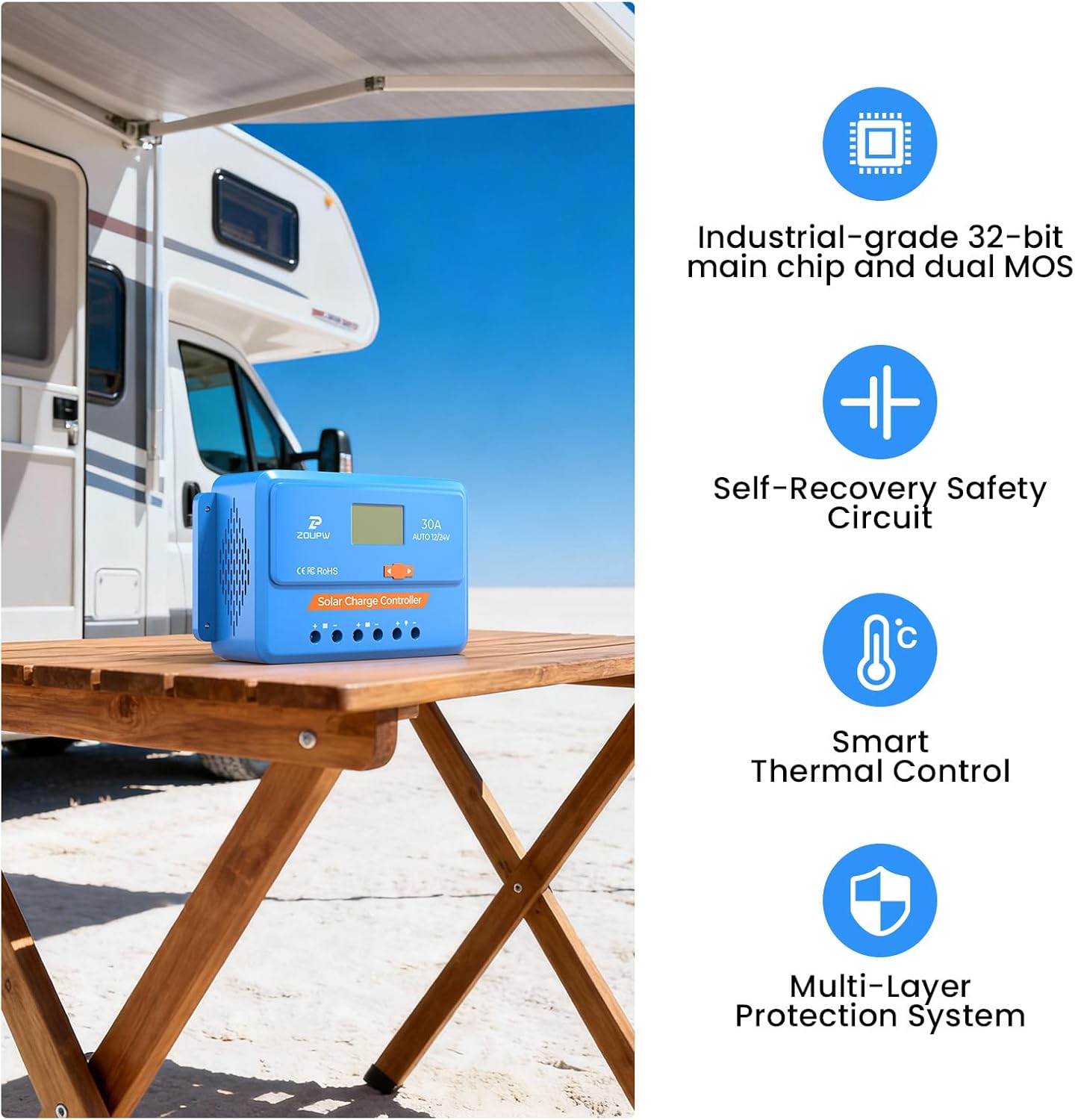 30A PWM Solar Charge Controller,12V 24V Solar Panel Regulator with Adjustable LCD Display Dual USB for Flooded Sealed AGM Gel and Lithium LiFePO₄ Batteries