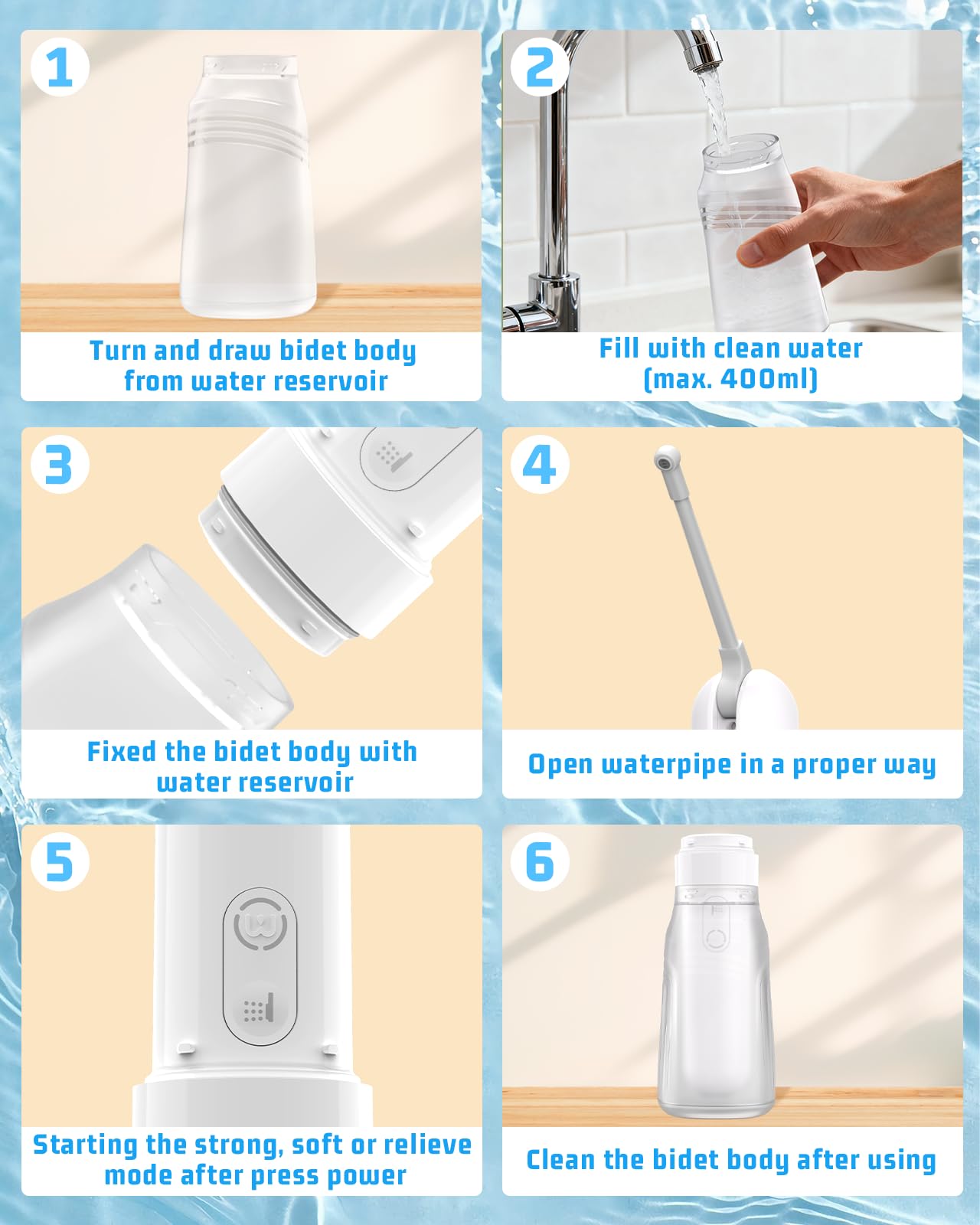 Bidet portatile da viaggio con bottiglia da 400 ml, 3 modalità di pressione | Bidet elettrico ricaricabile da viaggio, spruzzatore portatile impermeabile per bidet per donne uomini pulizia del bambino