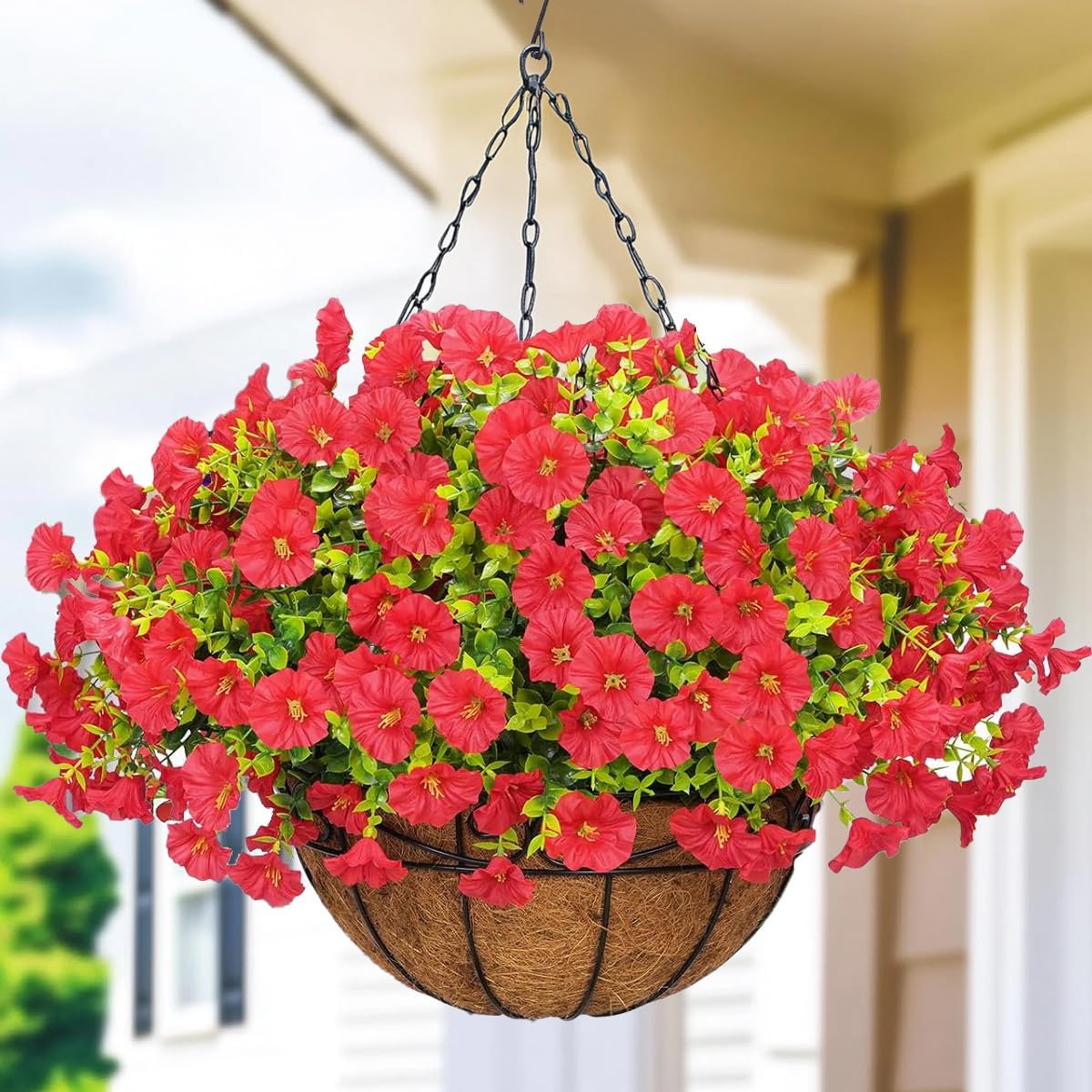 Artificial Flowers Hanging Basket, 10 Bundles UV Resistant Faux Silk Morning Glory Flowers with Eucalyptus Leaves, Realistic Plants for Indoor Outdoor Garden Home Decor (Red)