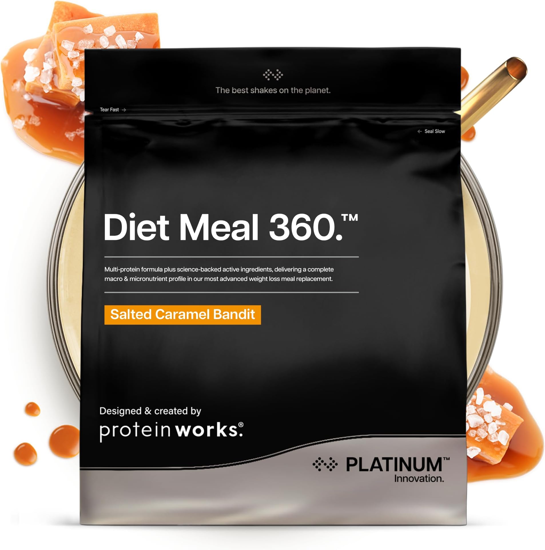 Protein Works | Diet Meal 360 - PLATINUM Innovation, Diet Meal Replacement Shake, Supports Weight Loss, 26 Vitamins & Minerals, Added Flaxseed, Inulin, Omega 3, Salted Caramel Bandit, 33 Meals, 2kg
