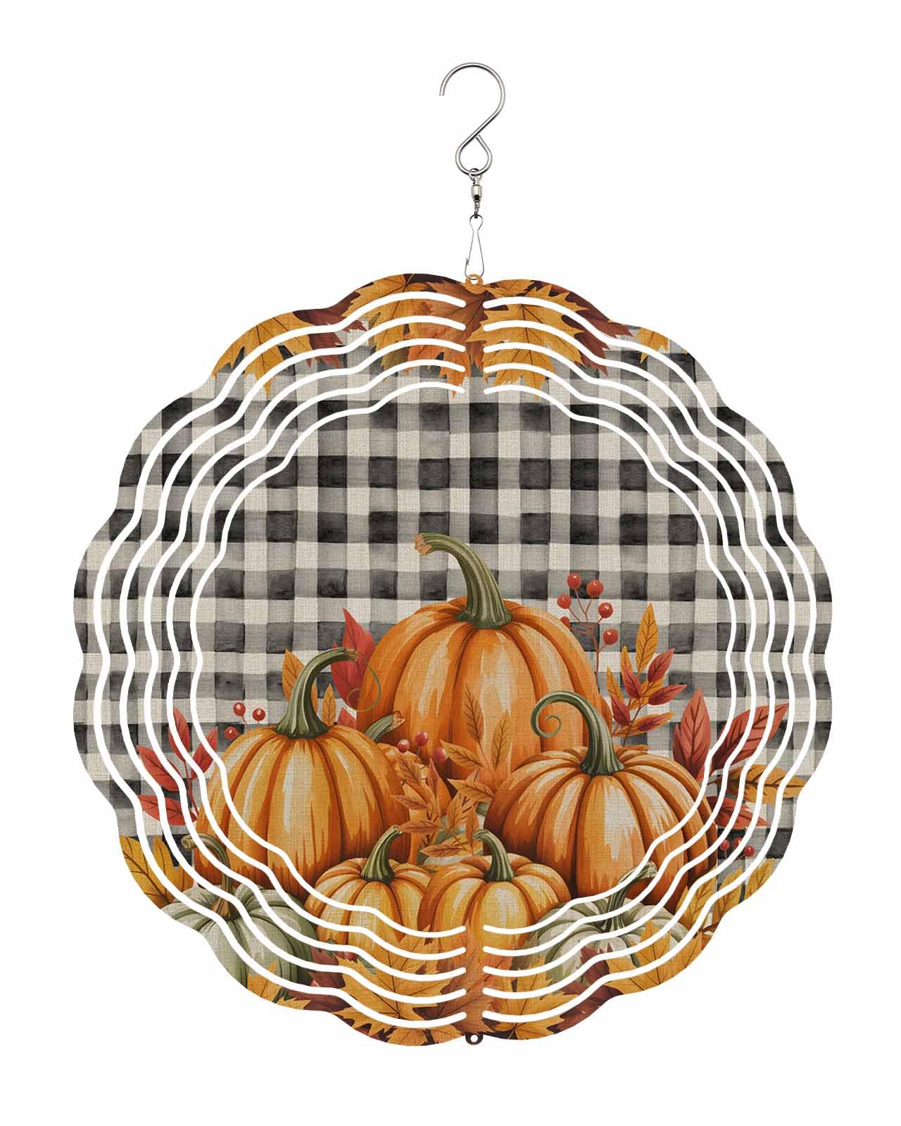 Fall Wind Spinners, Orange Pumpkins Maple Leaf Buffalo Plaid Hanging Wind Spinners for Yard and Garden 3D Stainless Steel Metal Sculptures Crafts Ornaments 12 Inch