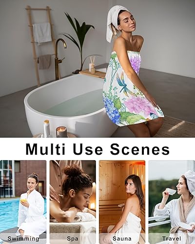 Miniatura 4 de Toalla floral para mujer, toalla ligera de spabaño con cierre ajustable, flor de hortensias azul y morado, libélula de primavera, toalla de secado