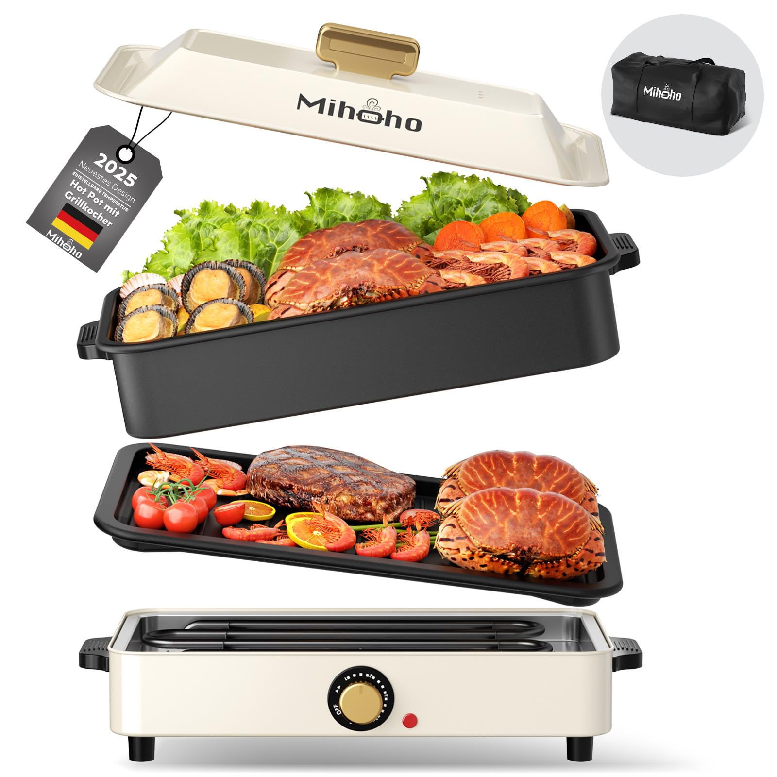 Forno Elettrico 3 In 1 Per Barbecue E Hotpot - Pentola Multifunzione Con Borsa Trasporto, 1400W, Bianco - Foto 10