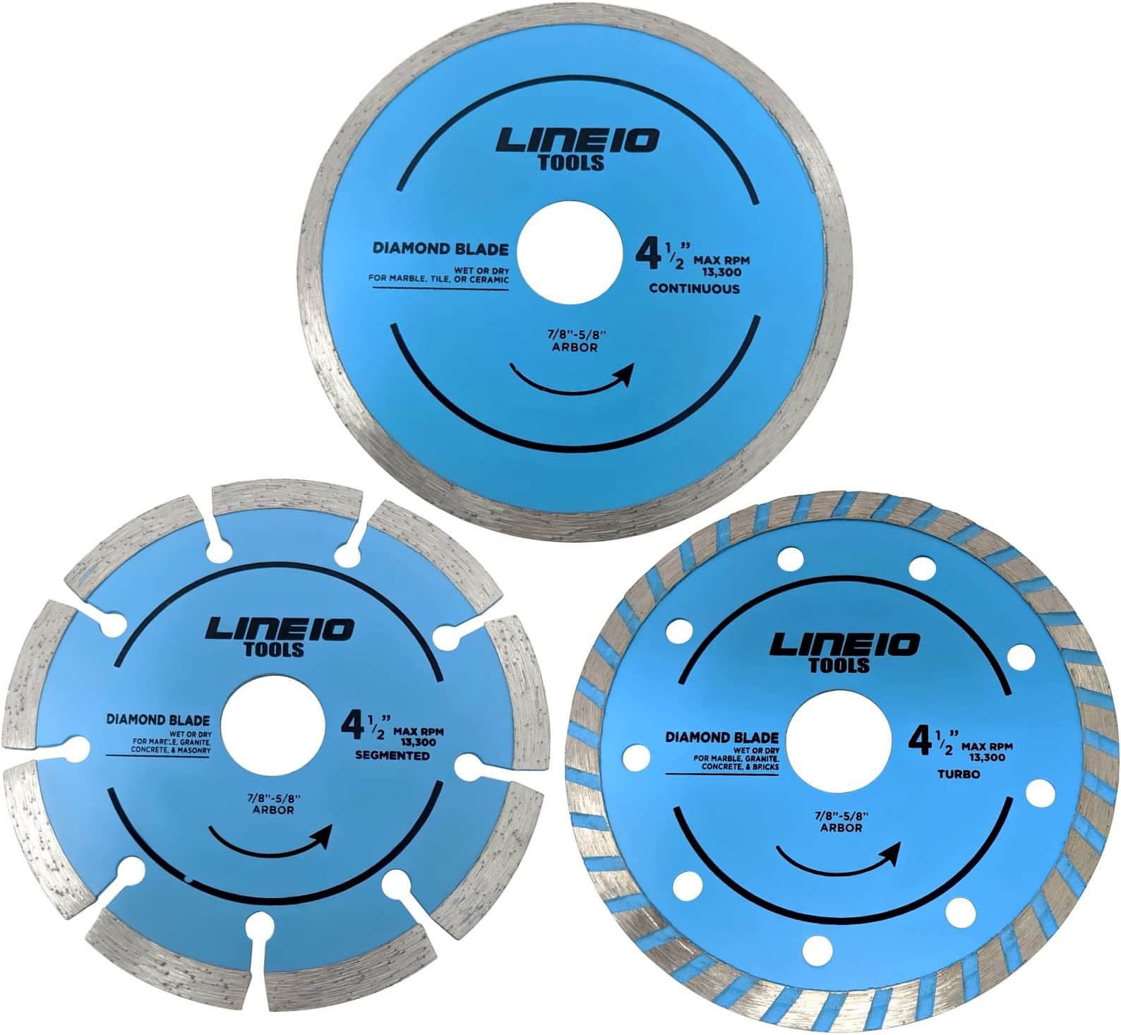 LINE10 Tools 3pk Diamond Saw Blade 4-1/2 Inch Segmented, Turbo, Continous Rim for Angle Grinders, Cutting Tile, Marble, Granite, Concrete