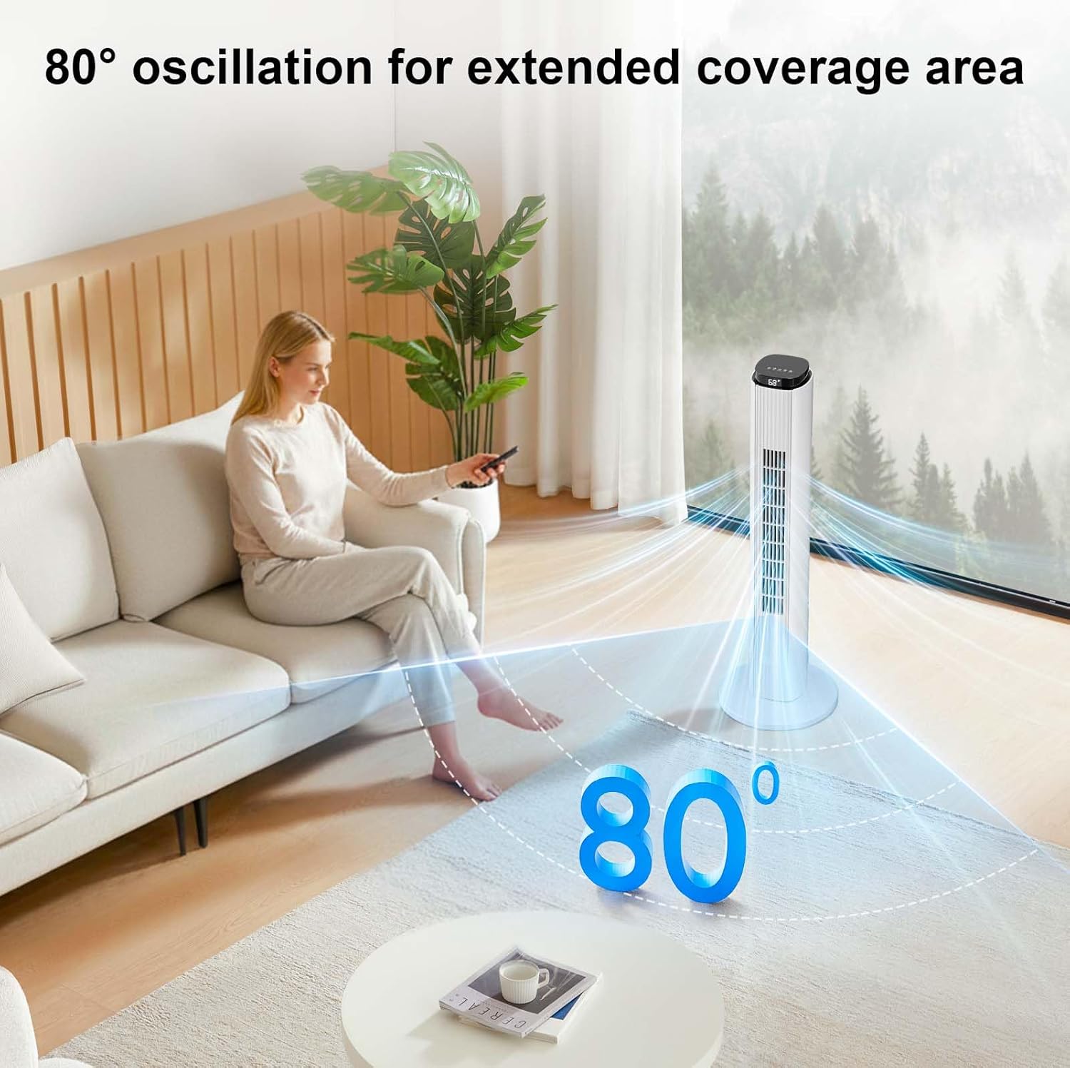 Antarctic Star 37-Inch Bladeless Portable Tower Fan 80°Oscillating,Quiet Cooling with 12H Timer Remote Control, 6 Speed, 4 Modes, LED Display,Standing Fan Powerful for Bedroom Office Dorm, White