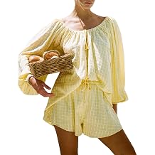 Women Summer 2 Piece Short Set Oversize Plaid Bubble Sleeve Pjs Set