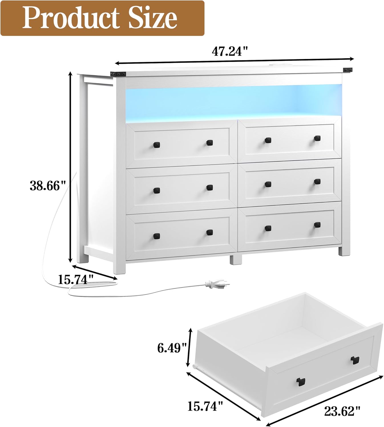 Product dimensions of the Wodeer 6-drawer dresser