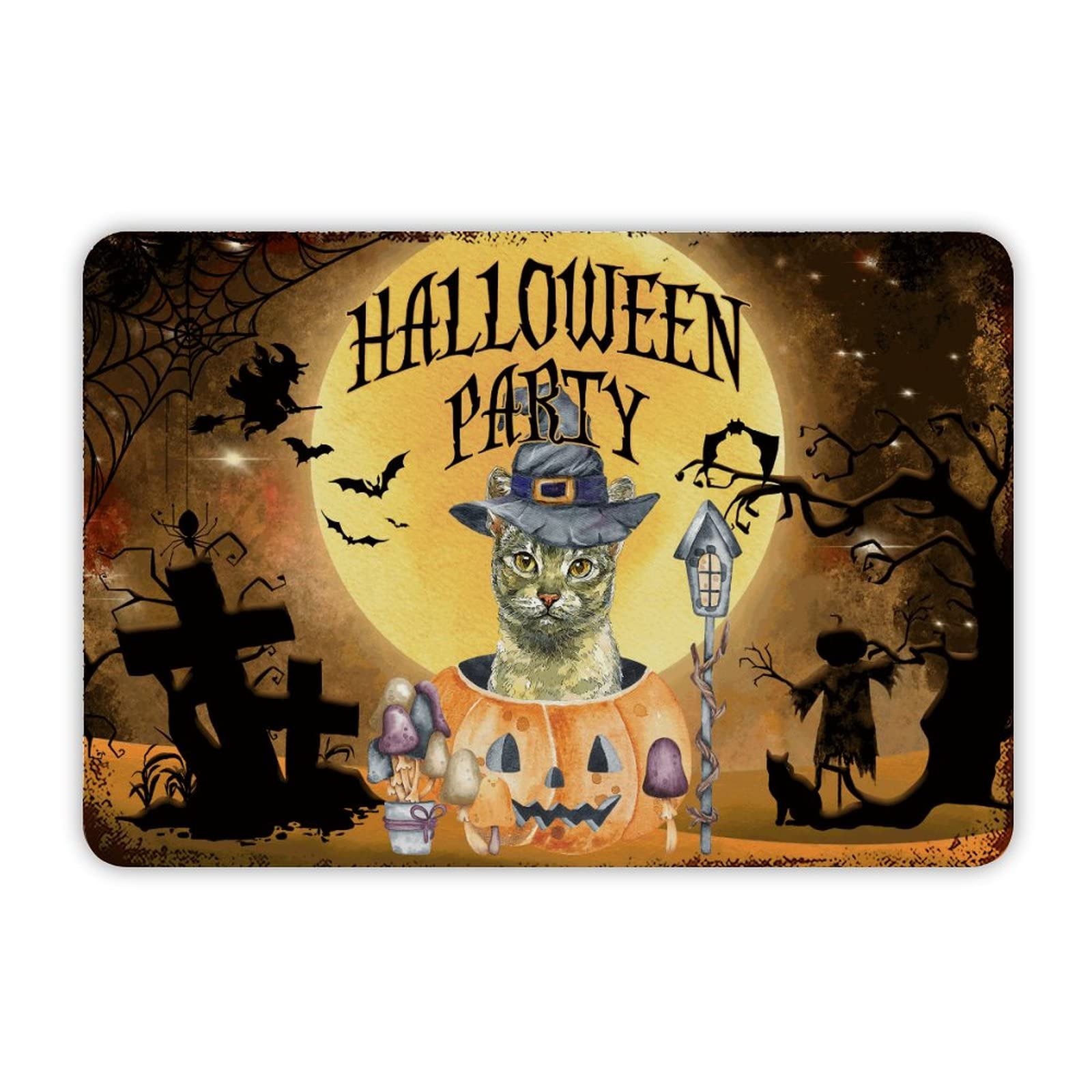 ENEDNATE Welcome to Halloween Party Witch Hat Cat Bats Aluminum Tin Metal Sign for Indoor Outdoor Business Retail Store Patio Yard Home Decoration Easy to Mount Wall Art Print Poster 8x12 Inch