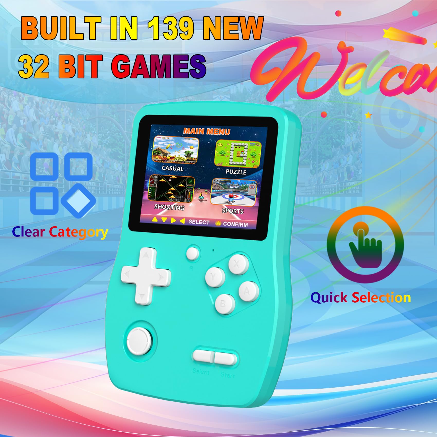 CULAGEiMI 32 Bit Handheld Games for Kids,3.0'' IPS Screen and Built in 139 Video Games,Rechargeable Portable Electronic Gaming System Toys for Ages 4-14,Boys Girls Xmas Birthday Gift (Cyan)