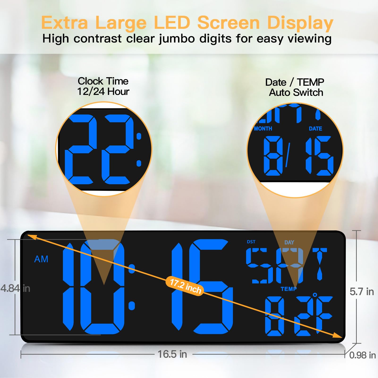 XREXS Orologio da Parete Digitale con Telecomando, 16,5'' LED Orologio Digitale da Parete, Orologio Sveglia Digitale con Luminosità Regolabile, Orologio con Ora/Data/Temperatura