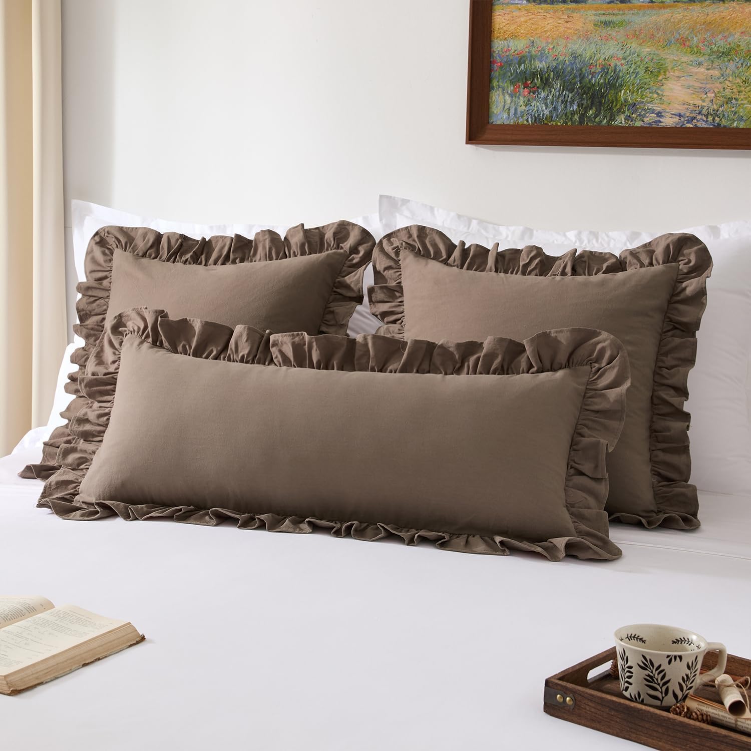 Kevin Textile 14x36 Inch Long Lumbar Pillow Cover 1 Pack 100% Cotton Lace Ruffles Scalloped Decorative Rectangle Cushion Case Soft Body Pillow for Bedding Couch Sofa, Khaki