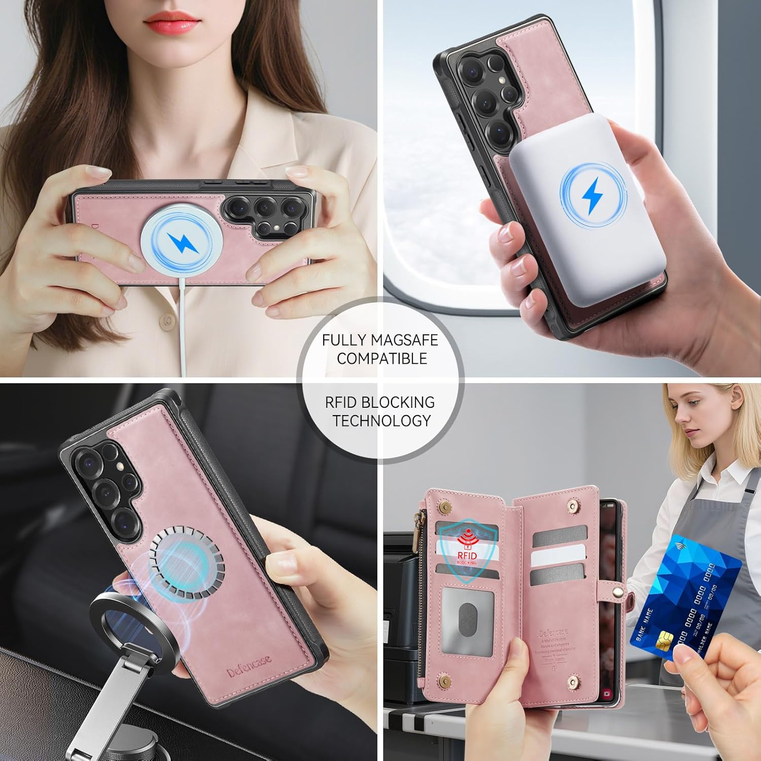 Defencase for Samsung Galaxy S23 Ultra Magnetic Wallet Case Compatible with Magsafe with RFID Blocking Zipper & Card Holder Women, PU Leather Detachable Phone Case for Galaxy S23 Ultra 6.8", Rose Pink