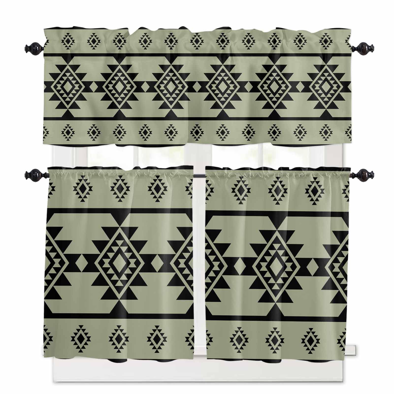 Sage Green Boho Kitchen Curtains 36 Inch Length, 3 Piece Rod Pocket Small Half Tiers and Valance Set, Southwest Aztec Abstract Geometric Small Large Window Treatment Decor for Bedroom/Bathroom Sink