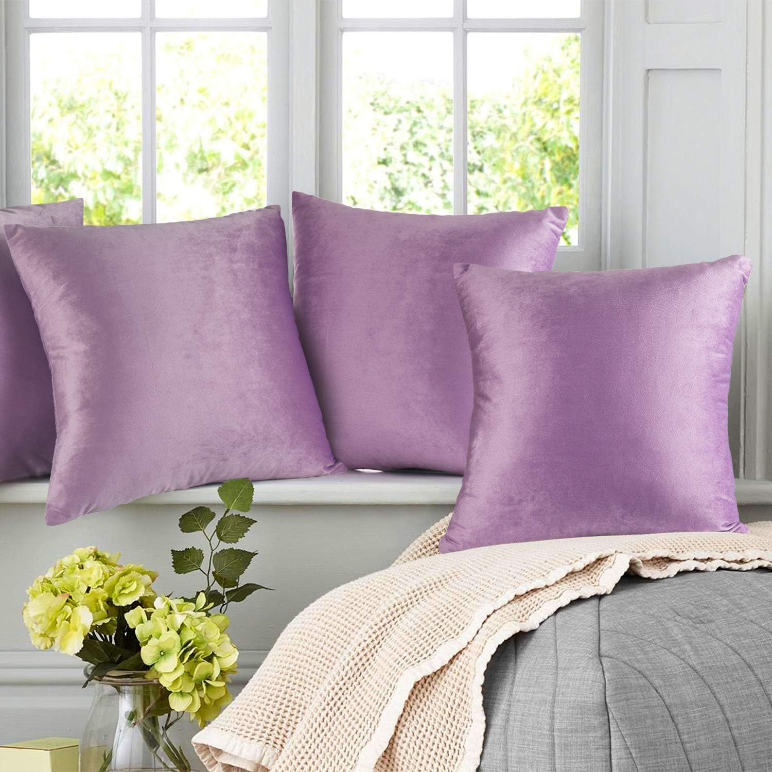 Nestl Throw Pillow Covers, Cozy Velvet Decorative Lavender Pillow Covers 20 x 20 Inches, Soft Solid Couch Pillow Covers for Sofa, Bed and Car, Set of 2