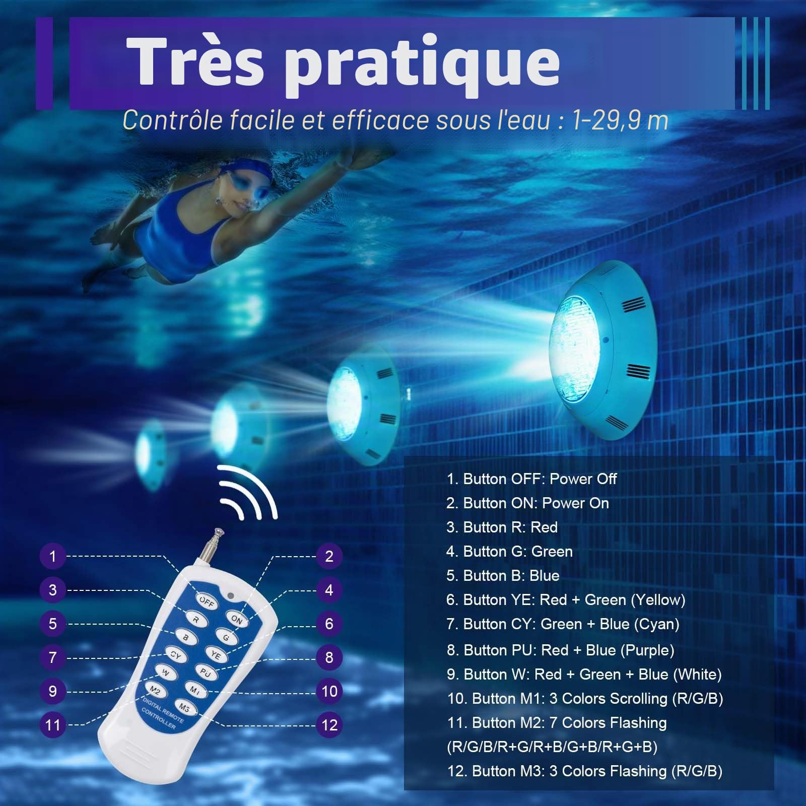 LED 45W Lampe Piscine LED RGB, Étanche IP68, Éclairage avec télécommande,Projecteur Piscine Submersible Lumière 12V AC, 11 Modes D'éclairage, blanc