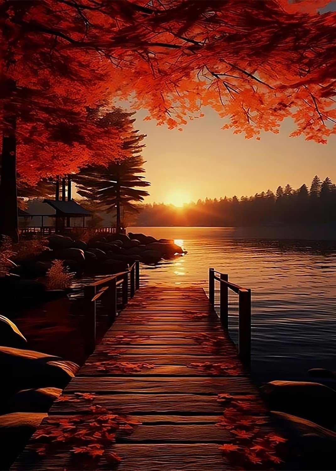 Fall Landscape Sunset Bridge Diamond Art Kits for Adults, 5D Diamond Painting Kits for Adults Beginners, DIY Full Round Drill Diamond Dot Painting Gem Art Kits for Adult, Home Wall Decor 11.8x15.7 In