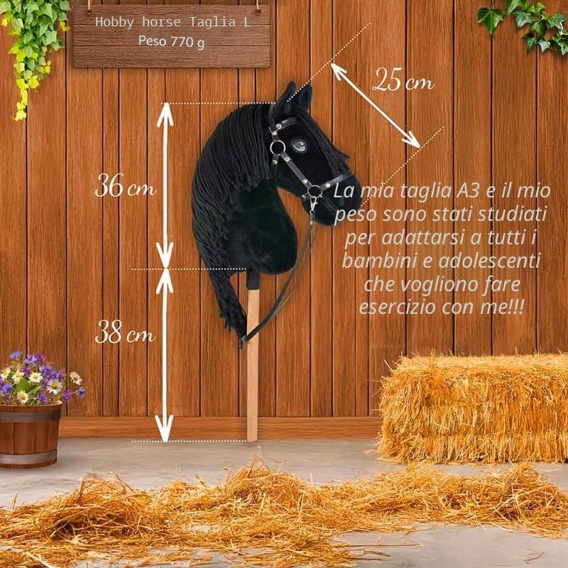 Hobby Horse Nero A3, cavallo bastone completo di rete, mors, redini, cavezza e berretto anti-insetti blu. Testa di cavallo bastone per Hobby Horsing Bambini e Adolescenti – Black Star