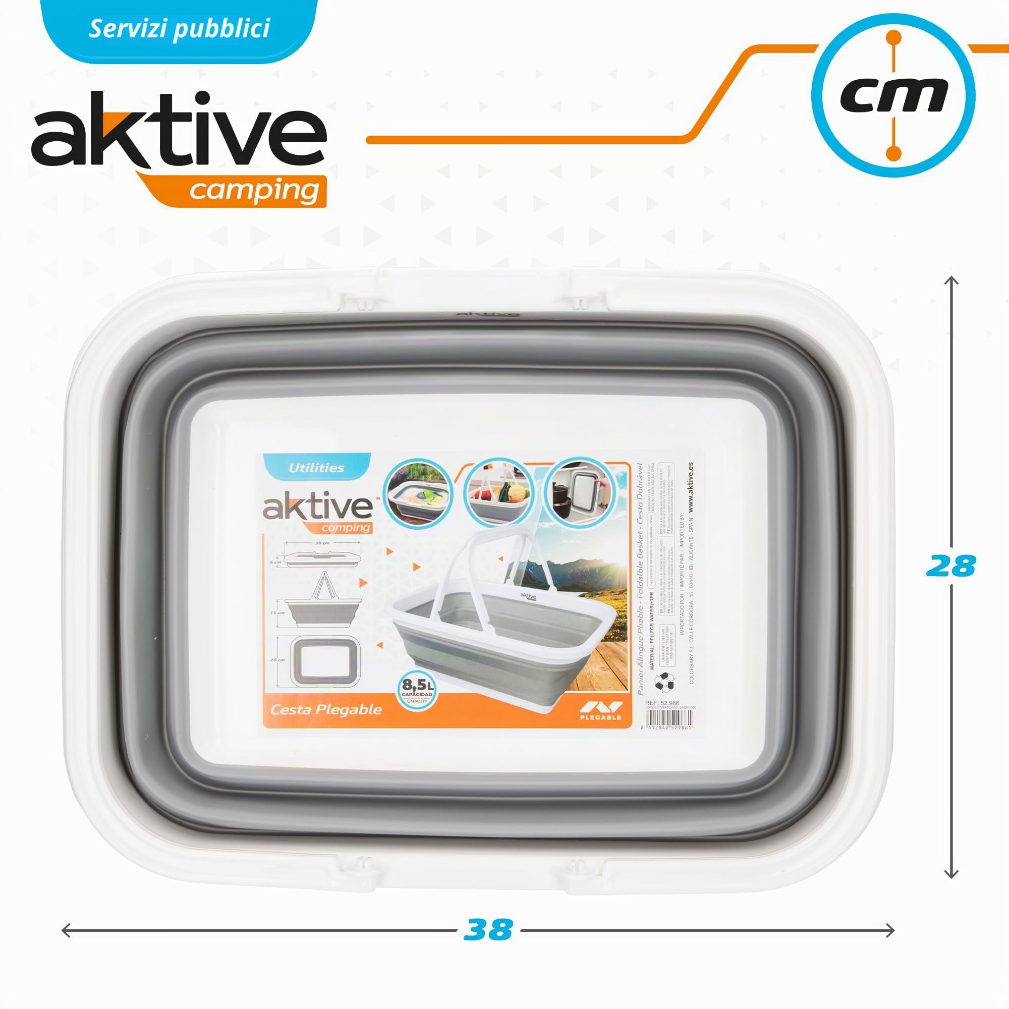 Aktive 52986 - Cestino pieghevole per campeggio e picnic | Cestino con maniglie, Cestino da picnic | Capacità 8,5 L | Materiale plastico e TPR | Accessori da campeggio