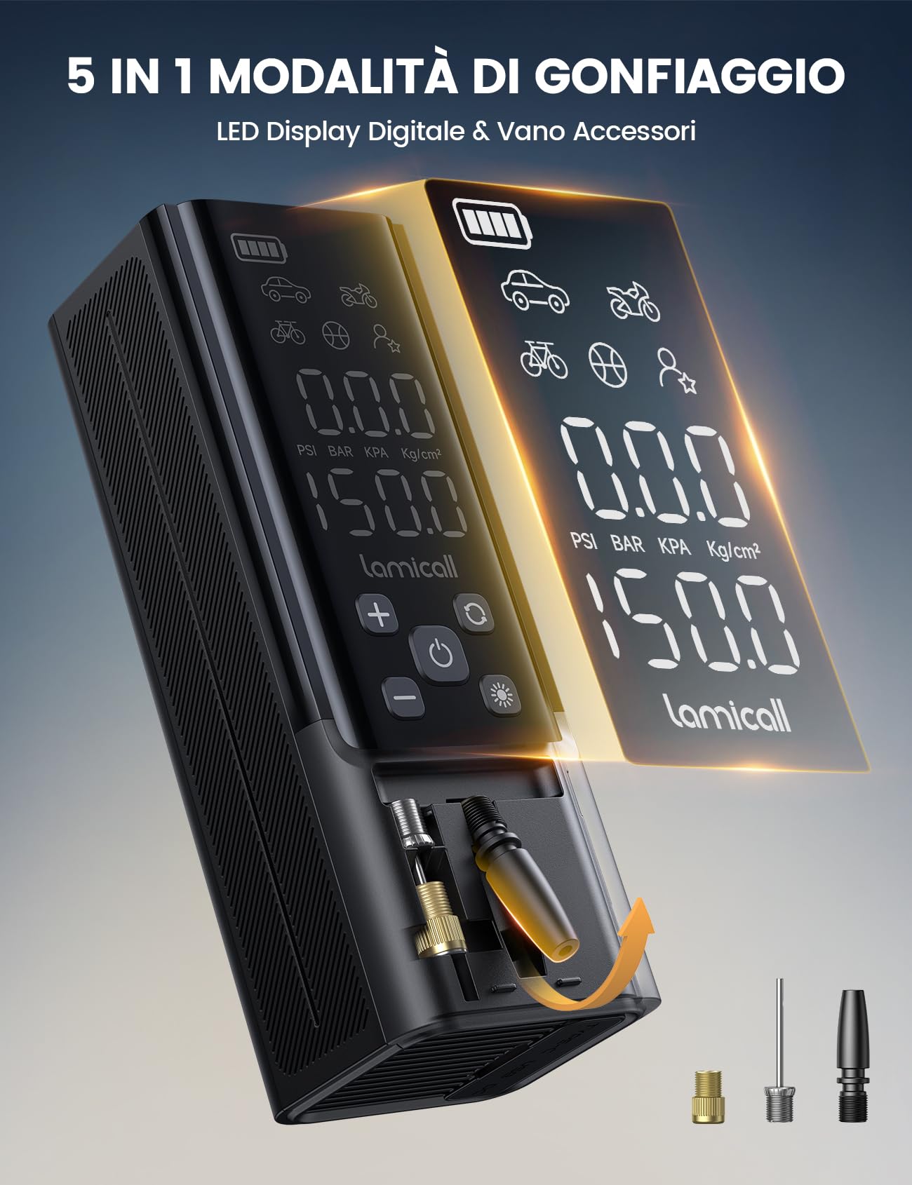 Lamicall Compressore Aria Portatile, Gonfiatore Elettrico Auto - [150 PSI Gonfiaggio Rapido] con Display LCD & Luce LED, Power Bank, Mini Pompa con 3 Ugelli per Auto/Bici/Moto/Palla