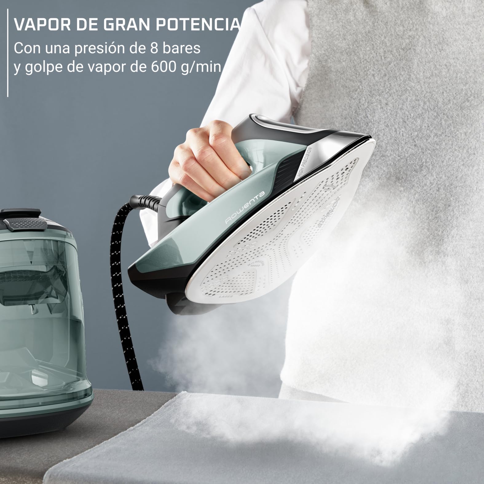 Rowenta Force Pro 500, Centro de planchado, 7,5 Bares, Golpe de vapor de 550 g/minuto, Tecnología Quicksteam, Ahorra energía, 2 modos ECO y MAX, Eucalipto y negro, VR9042F0