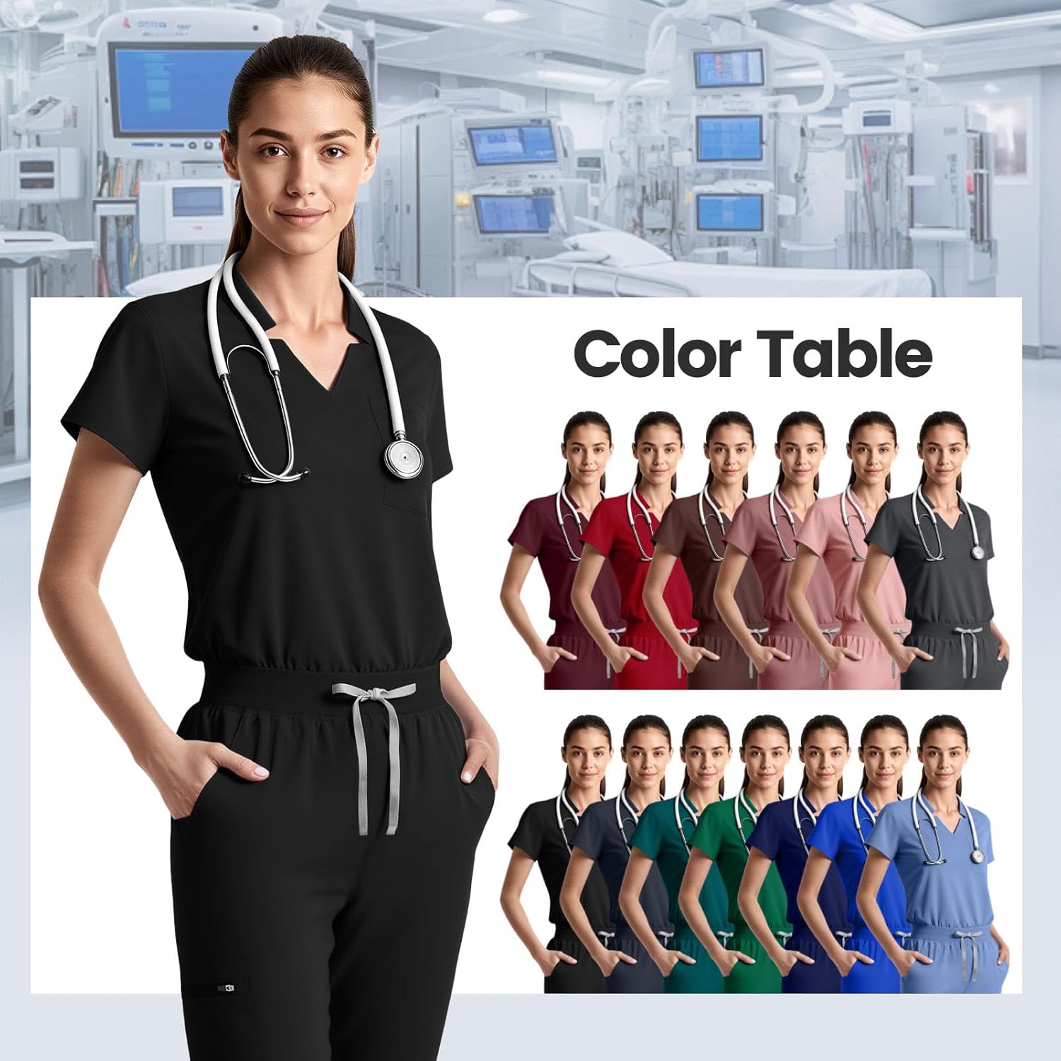 Women's Scrubs Set with V-Neck Top & Jogger Pants, 8-Pocket Stretch Scrub Sets for Women Nurses and Dental Assistants