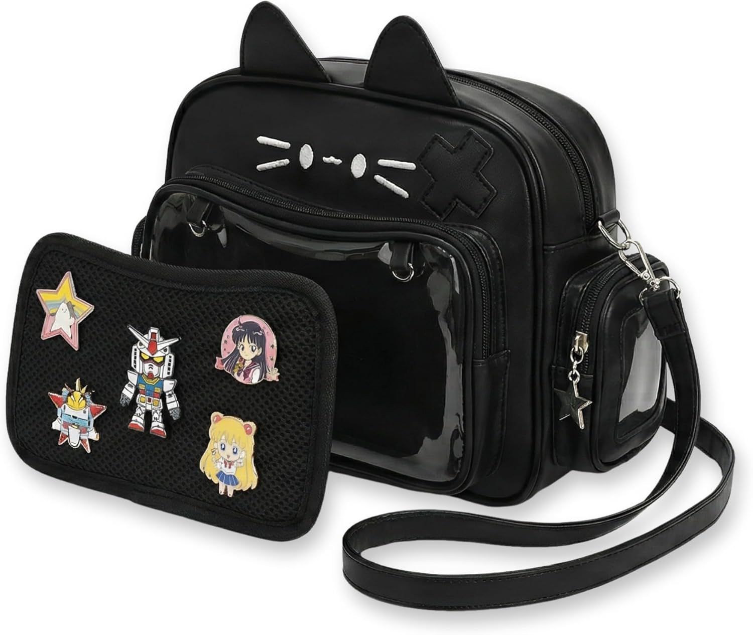 SUSTRALO Cat Ita Bag Pin Display Backpack for College, Y2k Ita Backpack with Insert for Girls, Black Aesthetic Ita Shoulder Crossbody Bag Purse for Cosplay