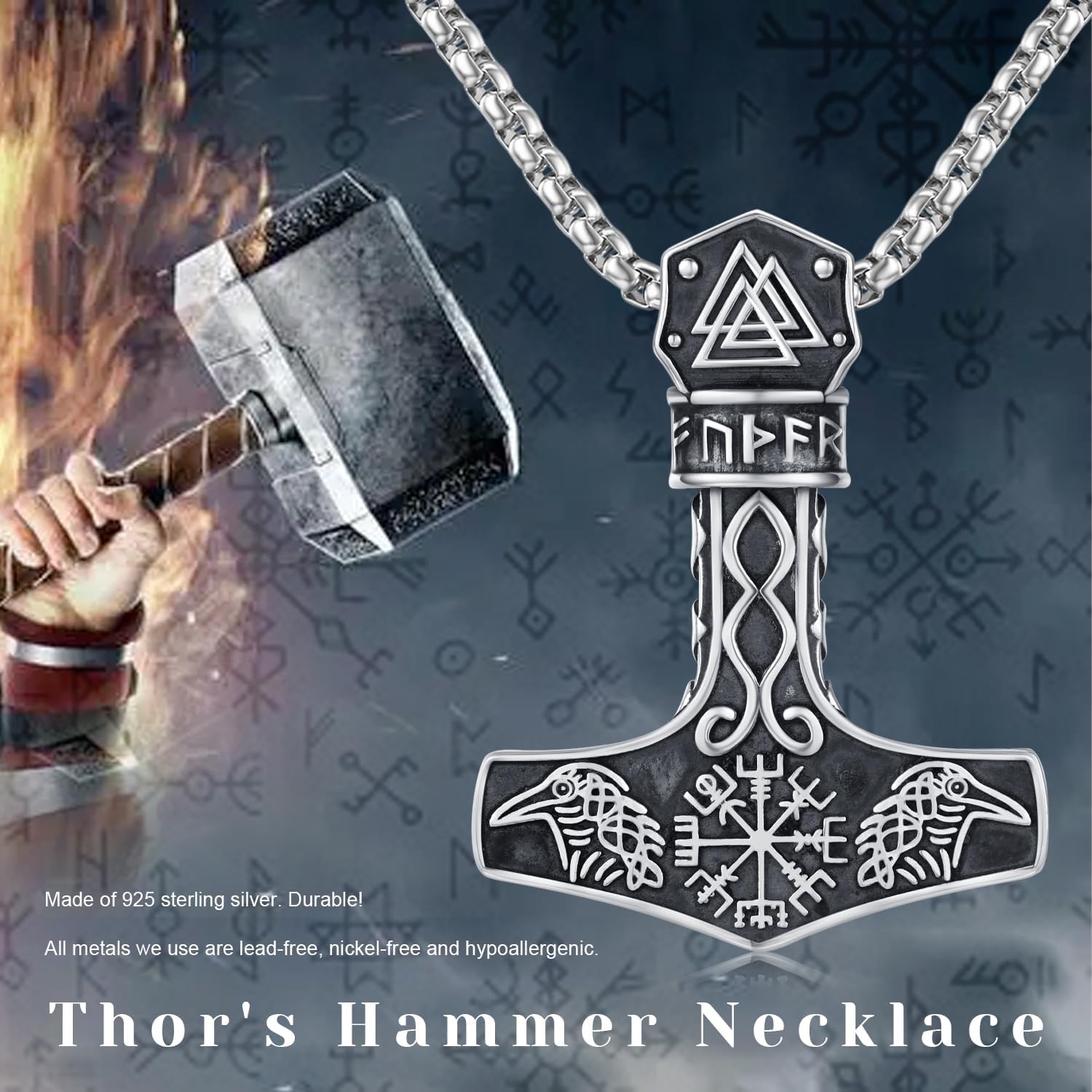 Thor Hammer Necklace 925 Sterling Silver Viking Mjolnir Necklace Oxidize Norse Runes Amulet Jewelry Gifts for Women Men - Image 7