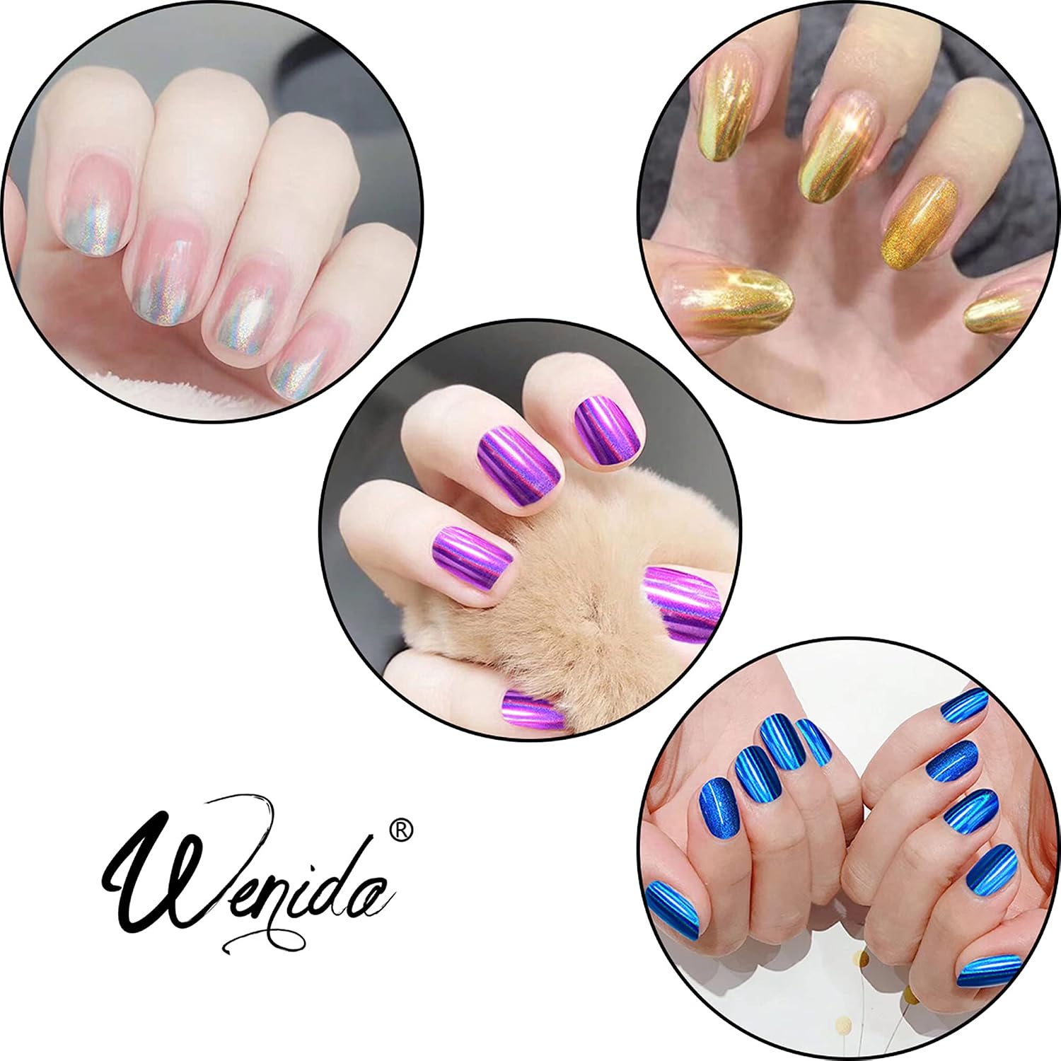 Nail Powder WENIDA 4 Colors Holographic Laser Chrome Mirror Synthetic Resin Pigment with 8 False Nails and 4pcs Eyeshadow Sticks for Manicure Art Decoration