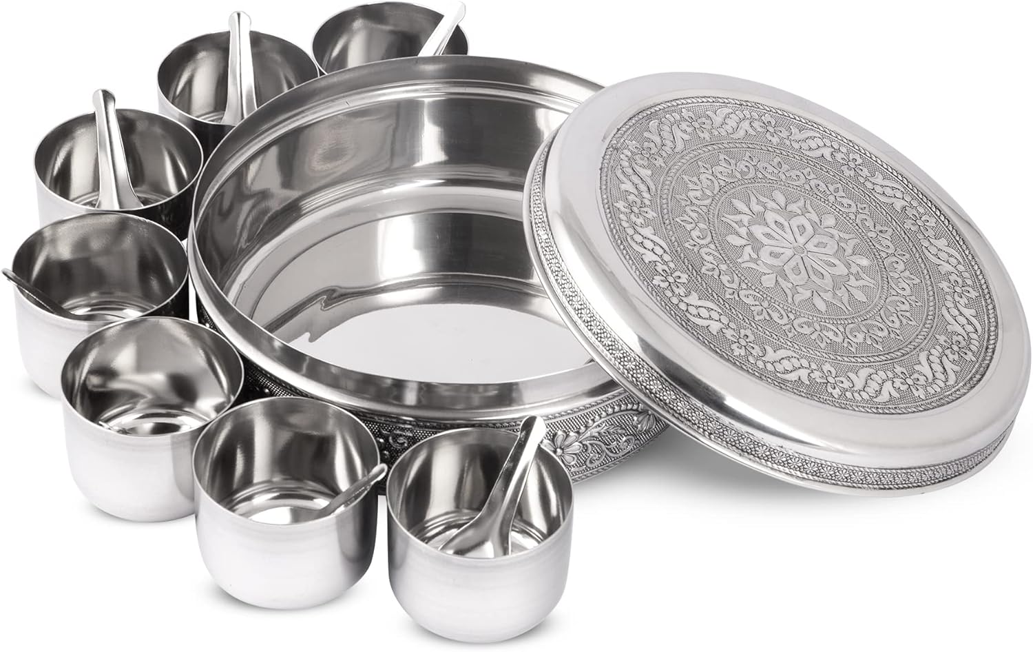 Designer Spice Container Masala Dabba, 7 Spice Jars, Holds 7 Spices, Spice Container Box, Polished Stainless Steel with 7 Serving Spoons, Indian Masala Dabba with Lid, 8 Inch - Image 4