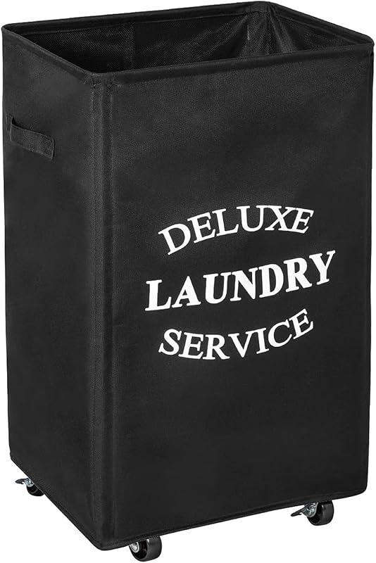 WOWLIVE Cesta de lavandería con ruedas grande, 90 L, plegable, alta, con asa, cesta plegable para ropa sucia, cestas rectangulares plegables para lavandería, dormitorio (negro)