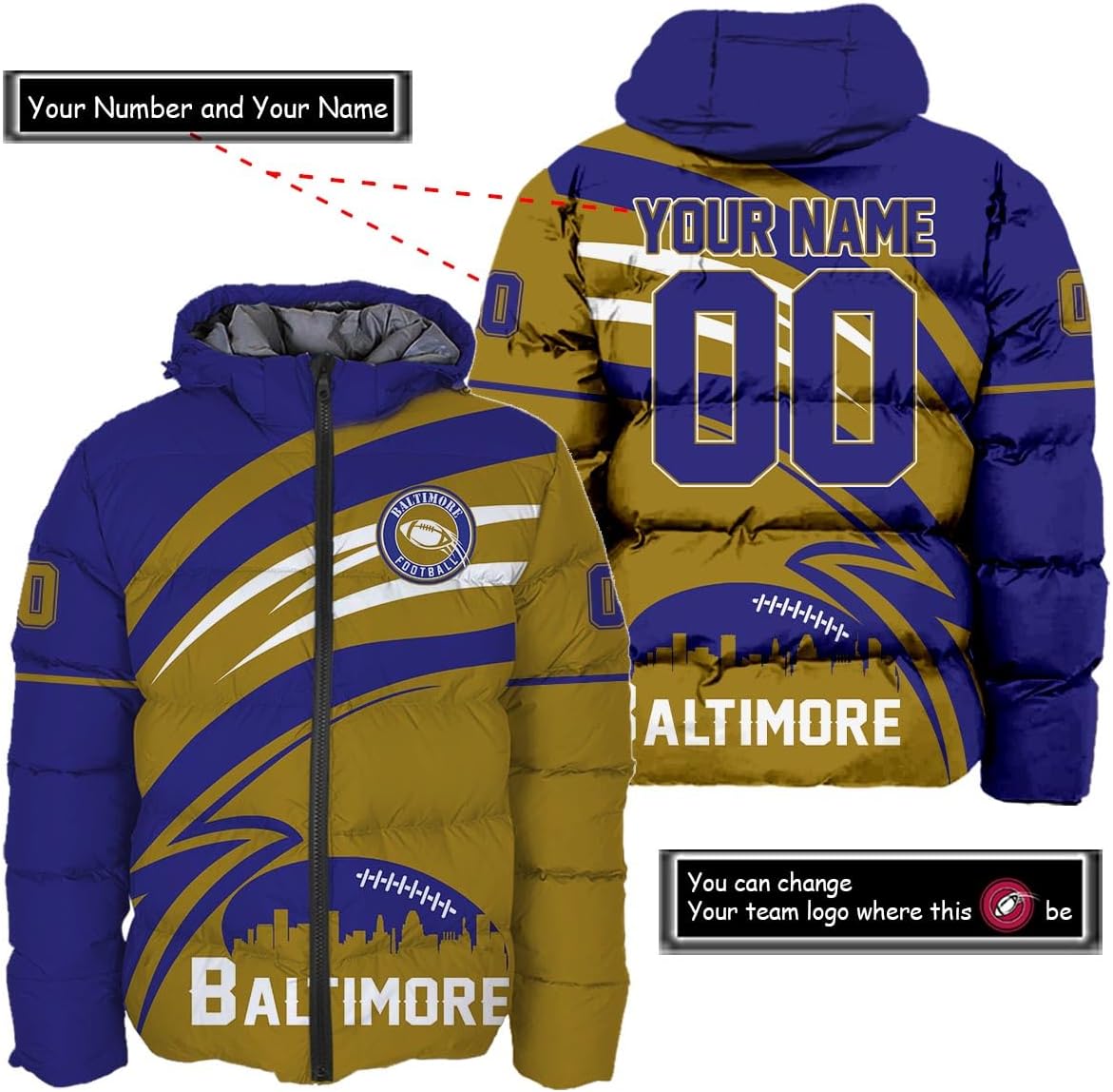Personalized Baltimore Ravens Men's Hooded Puffer Jacket