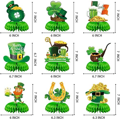 Miniatura 2 de 9 piezas de decoraciones de panal del día de San Patricio, centros de mesa de temática irlandesa surtidos con duendes, ollas de oro, tréboles y