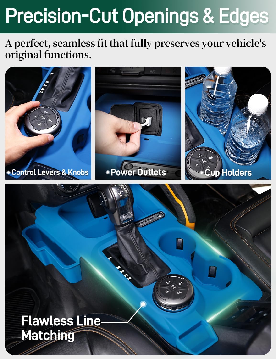 JROAD 3-in-1 Silicone Center Console Liner Tray for 2021-2026 Ford Bronco Automatic Transmission | Non-Slip Cup Holder Mat & Center Console Protector Liner Pad& Side Storage Pocket(Blue)