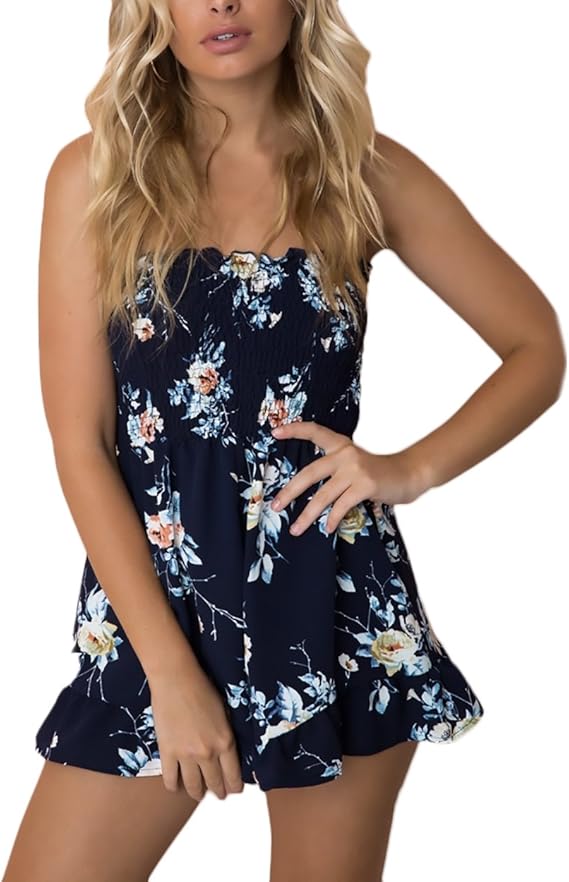 Jumpsuit Damen Sommer Bandeau Trägerlos Rückenfrei Blumen Elegant Kurz