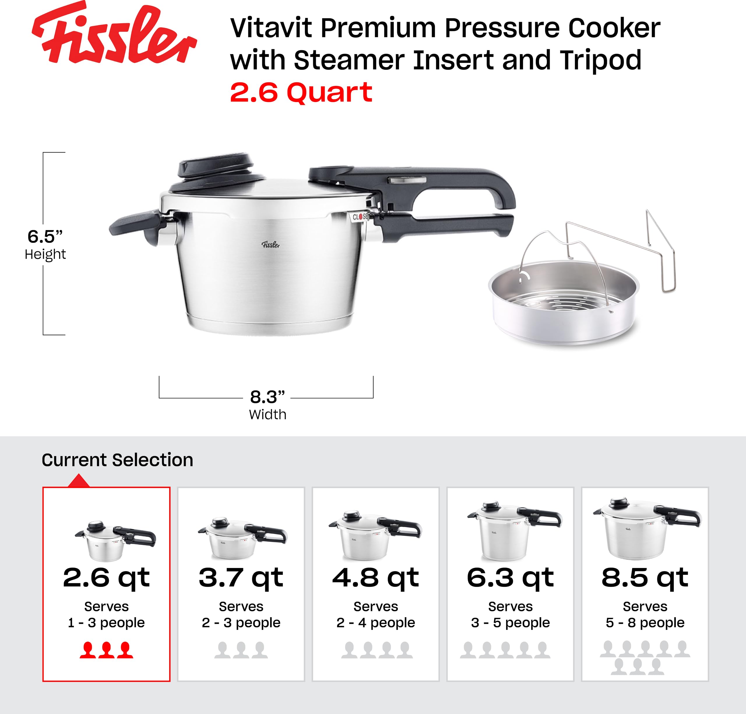 Fissler Vitavit Premium Pentola a pressione in acciaio inox 2.5 L, 18 cm, 4 livelli di cottura, incluso inserto, adatta a fornelli a induzione