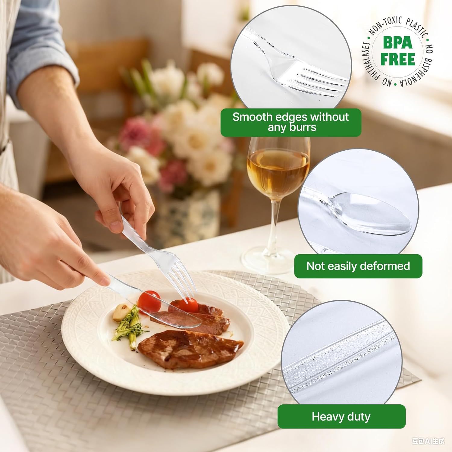 300 Count Extra Heavy Duty Plastic Silverware, 120 Spoons, 120 Forks, 60 Knives, BPA-Free & Heat Resistant Disposable Plastic Utensils Set, Clear Cutlery Set for Party and Daily Use - Image 4