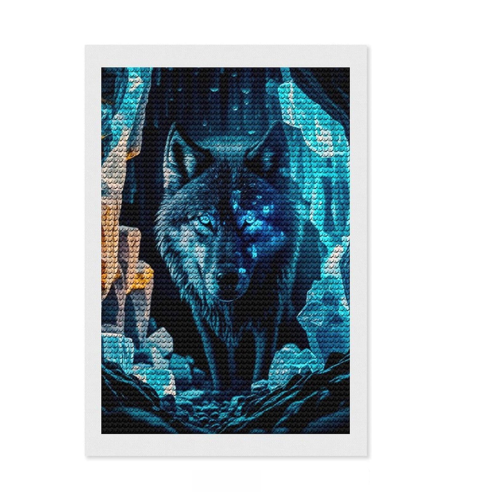 Junmoney Wolf Diamond Art Kit 8"x12", Adhesive Canvas, Satisfying Creative Project, Modern Decor, Christmas Gift, Printed Canvas
