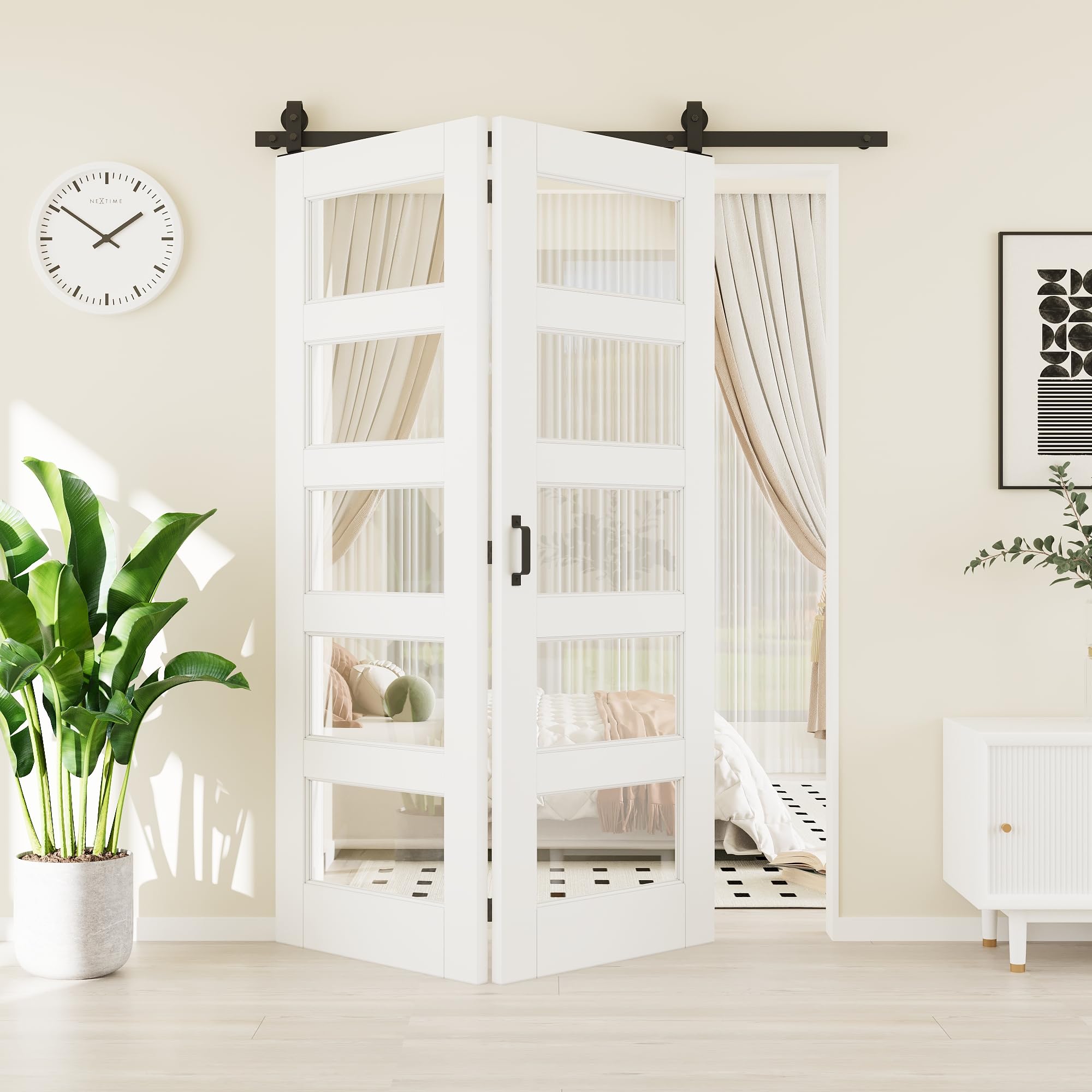 60"(30" x 2) x 80" 5-Lites Tempered Clear Glass Bifold Barn Door