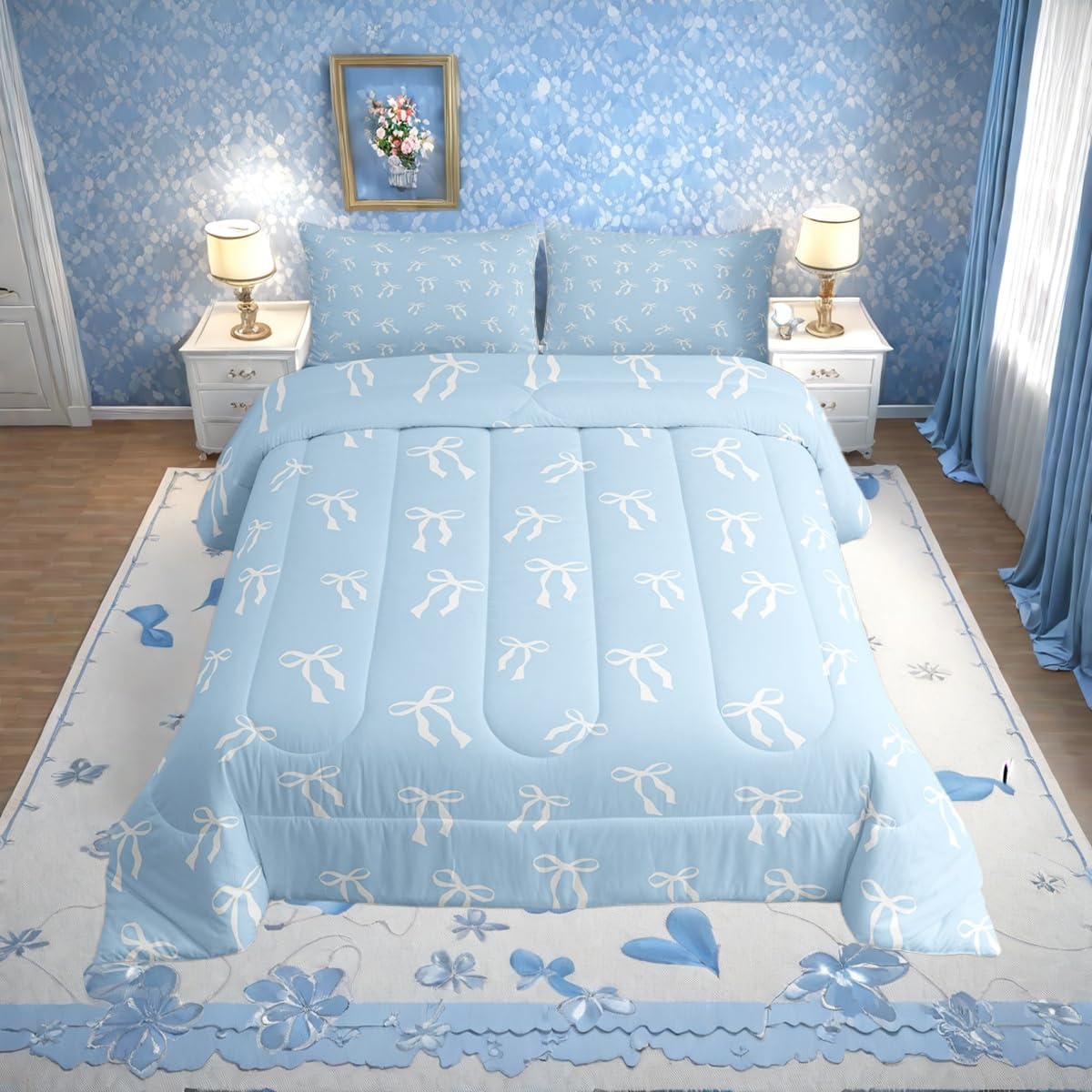 Erosebridal Cute Ribbon Bowknot Bedding Set White Bows Comforter Set Full Blue Princess Bedding Comforter Sets for Kids Boys Girls Modern Simple Bow Knot Quilt Set Bedroom Decor - Image 2