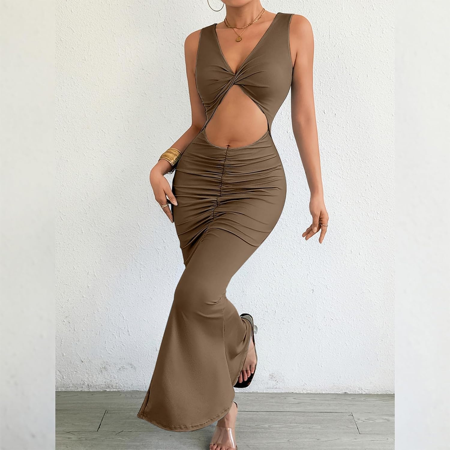 Womens Summer Bodycon Dresses Casual Tank Sleeveless Sexy Cutout Ruched Wrap Evening Party Club Maxi Dress