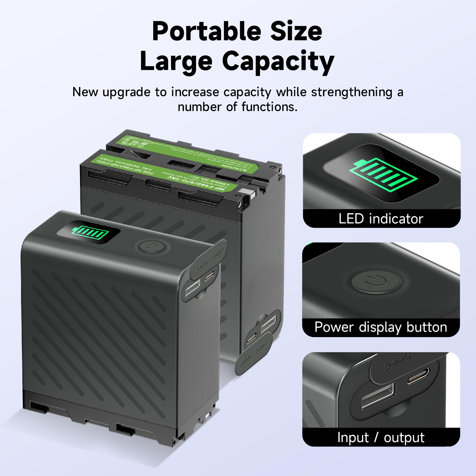NP-F970 Batterie Rechargeable 9600mAh Compatible avec Sony NP-F970 / NP-F960 / NP-F750 / NP-F550 / NP-F930, Sony DCR-VX2100, PD150, PD170, FDR-AX1, HDR-AX2000, FX1, FX1000 (2Pcs)
