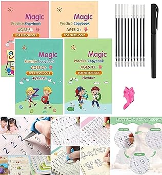 JL Sank Magic Practice Copybook For Kids (4 BOOK + 1 GRIP, 1 PEN + 10 REFILL ) Magic Book For Kids, Magic Practice Copy Book For Kids, Reusable